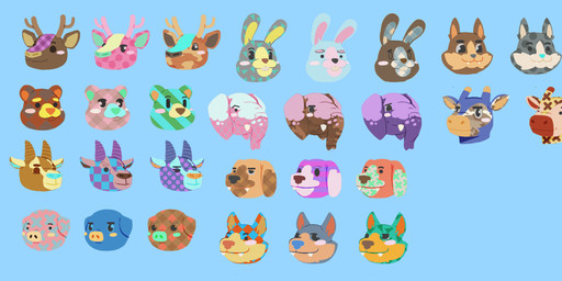 2_horns ambiguous_form ambiguous_gender antlers big_nose black_eyebrows black_eyes blonde_eyebrows blue_background blue_body blue_fur blue_horn blue_inner_ear blue_markings blue_nose blue_sclera brown_antlers brown_body brown_fur brown_horn brown_nose brown_skin buckteeth checkered checkered_fur cheek_spots closed_smile dot_eyes eyebrows fangs female floppy_ears fur green_body green_fur green_markings grey_body grey_fur grey_nose grey_sclera group half-closed_eyes horn long_ears lop_ears male markings mouth_closed multicolored_body multicolored_fur narrowed_eyes orange_nose ossicone pink_antlers pink_body pink_fur pink_inner_ear pink_skin proboscis_(anatomy) purple_body purple_fur purple_horn purple_inner_ear purple_skin purple_spots simple_background simple_eyes smile spots spotted_face tan_antlers teeth trunk_(anatomy) tusks yellow_body yellow_fur yellow_inner_ear luke_viljoen hokko_life niko_(hokko_life) oleander_(hokko_life) bear bovid canid canine canis caprine deer domestic_cat domestic_dog domestic_pig elephant elephantid felid feline felis fox giraffe giraffid goat lagomorph leporid mammal proboscidean rabbit suid suine sus_(pig) 2023 absurd_res concept_art digital_drawing_(artwork) digital_media_(artwork) english_description flat_colors hi_res official_art