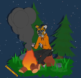 anthro asmr band-aid bandage blue_eyes bonfire campfire camping claws clothed clothing crossed_legs ear_markings evergreen_tree eyebrows eyelashes facial_tuft fangs female forest fully_clothed fur grass grey_body grey_fur hair head_tuft hoodie inner_ear_fluff markings neutral_expression night orange_body orange_fur pine_tree plant rock round_ears sabertooth_(anatomy) scenery short_hair short_tail sitting sky smoke solo star stump tail teeth toony topwear tree tuft warming_hands white_body white_fur sabrecheeta sound_warning dotami-vrm sabrie_(sabrecheeta) felid mammal pantherine prehistoric_species saber-toothed_tiger 2025 3d_(artwork) 3d_animation animated blender_(artwork) digital_media_(artwork) short_playtime sound video