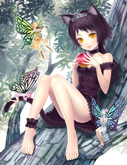 5_toes accessory apple bare_shoulders barefoot black_hair bow_(stringed_instrument) bowed_string_instrument choker clothed clothing crown feet female flower flower_in_hair food fruit group hair hair_accessory headgear holding_food holding_object hug humanoid_feet humanoid_pointy_ears in_tree insect_wings jewelry lepidopteran_wings long_hair micro musical_instrument necklace off_shoulder orange_eyes plant plantigrade playing_music playing_violin pointy_ears sitting smile string_instrument tail tail_hug tiara toes tree violin wings k+ animal_humanoid fairy humanoid mammal