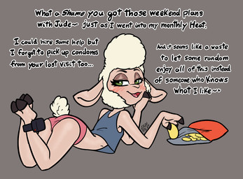 3_fingers ankle_monitor anthro arched_back black_eyebrows black_hooves black_text blue_clothing blue_shirt blue_tank_top blue_topwear blush blush_lines breasts chips_(food) clothed clothed_anthro clothed_female clothing cloven_hooves dialogue eyebrows eyelashes female female_anthro fingers food fur green_eyes half-closed_eyes hand_on_own_cheek head_turned heart_symbol hooves in_heat looking_back lying medium_breasts midriff narrowed_eyes on_front open_mouth panties pink_body pink_clothing pink_panties pink_skin pink_tongue pink_underwear pupils shirt short_tail side_boob solo tail talking_to_another tank_top text tongue topwear underwear white_body white_fur white_tail wool_(fur) soulcentinel disney zootopia dawn_bellwether bovid caprine domestic_sheep mammal sheep 2025 dated english_text hi_res signature