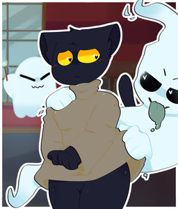 black_body black_fur blush bottomless clothed clothing featureless_crotch fur group heart_eyes heart_symbol solo_focus standing tongue tongue_out yellow_eyes yinnyyany google google_doodle magic_cat_academy momo_(google) domestic_cat felid feline felis ghost mammal spirit 2018 hi_res