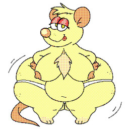 anthro belly belly_overhang big_belly big_breasts big_butt breasts butt chest_tuft clothing eyeshadow female fur green_eyes hands_on_hips huge_butt hyper hyper_butt looking_at_viewer makeup motion_lines motion_outline nipples obese obese_anthro obese_female orange_body orange_skin overweight overweight_anthro overweight_female panties pixelated potbelly red_eyeshadow simple_background slightly_chubby slightly_chubby_female smile smug solo thick_thighs tongue tongue_out tuft underwear vintage wide_hips yellow_body yellow_fur fuzzypeachbutt peachie_(fuzzypeachbutt) mammal mouse murid murine rodent 1:1 digital_media_(artwork) dithering hi_res pixel_(artwork)
