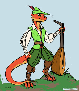anthro bard claws clothed clothing grass green_eyes hat headgear headwear holding_musical_instrument holding_object lute male musical_instrument outside plant plucked_string_instrument scales shirt smile solo standing step_pose string_instrument toe_claws topwear tunic tamlin123 dungeons_and_dragons hasbro wizards_of_the_coast sisu_the_kobold kobold reptile scalie hi_res