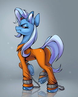blue_body blue_hair blue_hooves blue_tail bound chain clothing cuff_(restraint) dock_(anatomy) eyelashes female feral grumpy hair half-closed_eyes handcuffs hooves horn horn_jewelry horn_ring inner_ear_fluff jewelry leggomyeggomorph metal_cuffs narrowed_eyes prison_uniform prisoner raised_tail restraints ring ring_(jewelry) solo tail tuft unicorn_horn uniform unimpressed rozmed friendship_is_magic hasbro my_little_pony mythology trixie_(mlp) equid equine mammal mythological_creature mythological_equine unicorn digital_media_(artwork) hi_res