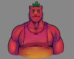 anthro clothing eyebrows green_eyebrows green_eyes male markings muscular muscular_anthro muscular_male nipples plant red_body red_skin shirt spots spotted_markings tank_top topwear whiskers dynogreeno domestic_cat felid feline felis hybrid mammal hi_res