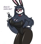 anthro big_breasts blush breasts clothing female huge_breasts legwear leotard non-mammal_breasts playboy_bunny playboy_outfit small_waist solo text thick_thighs tights wide_hips pace-maker helluva_boss octavia_(helluva_boss) avian bird demon owl owl_demon english_text widescreen