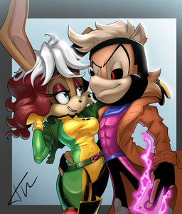 abs anthro athletic athletic_male auburn_hair belt big_breasts black_nose black_sclera blue_eyes breasts canon_couple card cheek_tuft clothed clothing cosplay cybernetic_arm cybernetic_leg cybernetic_limb cybernetics duo energy eyelashes eyeshadow facial_tuft female gloves hair handwear husband_and_wife jacket machine makeup male married_couple navel open_clothing open_topwear playing_card red_eyes spandex spandex_clothing tight_clothing topwear tuft white_hair wig tim_campbell archie_comics marvel sega sonic_the_hedgehog_(archie) sonic_the_hedgehog_(comics) sonic_the_hedgehog_(series) x-men antoine_d'coolette bunnie_rabbot gambit_(marvel) rogue_(marvel) canid canine canis coyote cyborg lagomorph leporid mammal rabbit hi_res