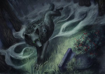ambiguous_gender black_body black_fur feral forest fur grass green_eyes paws plant running solo tree year aurru corwolf canid canine canis mammal wolf 2018 dated digital_media_(artwork) signature
