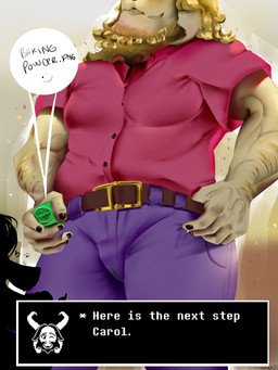 5_fingers abstract_background anthro arm_hair beard belt belt_buckle black_fingernails black_heart black_nails black_nose black_text blonde_beard blonde_facial_hair blonde_hair body_hair bottomwear brown_belt buckle button_(fastener) claws clothed clothed_anthro clothed_male clothing collared_shirt colored_fingernails colored_nails container denim denim_bottomwear denim_clothing dialogue dialogue_box duo ear_tuft ears_aside facial_hair fangs female finger_claws fingernails fingers floppy_ears fully_clothed fully_clothed_anthro fully_clothed_male fur fur_tuft glistening glistening_fingernails glistening_nails grin hair hairy_fingers heart_symbol holding_container holding_object humanoid_hands inside jeans light_body light_fur light_hair lop_ears low-angle_view male male_focus mature_anthro mature_female mature_male medium_hair muscular muscular_anthro muscular_arms muscular_male nails name_drop name_in_dialogue nipple_outline outline pants pink_clothing pink_shirt pink_topwear purple_bottomwear purple_clothing purple_jeans purple_pants shirt short_sleeves silhouette smile snout solo_focus standing talking_to_another teeth text text_box text_on_container three-quarter_view topwear tuft vein veiny_arms veiny_muscles white_body white_ears white_fur white_outline white_text diavlaka deltarune undertale_(series) asgore_dreemurr carol_holiday boss_monster_(undertale) bovid caprine deer goat mammal 2026 3:4 absurd_res artist_name digital_drawing_(artwork) digital_media_(artwork) english_text hi_res