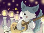 acoustic_guitar ambiguous_gender candle claws fire fur guitar lit_candle musical_instrument open_mouth plucked_string_instrument solo string_instrument tongue white_body white_fur chihuahua_1003 chiikawa hachiware_(chiikawa) stronger_hachiware(chiikawa) mammal 4:3 absurd_res digital_media_(artwork) hi_res