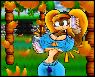 anthro beverage big_breasts blonde_hair breasts butt clothed clothing female food hair long_body midriff milk navel nipple_outline skinny skinny_female small_waist solo top_heavy virus-20 donkey_kong_(series) nintendo tiny_kong haplorhine kong mammal monkey primate 2010 digital_media_(artwork)