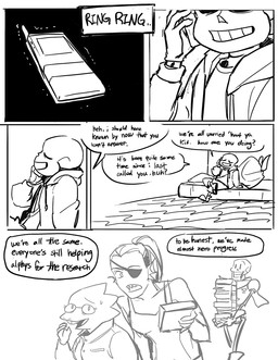 anthro bed bodily_fluids bone book buckteeth cellphone clothed clothing dialogue ear_fins electronics eye_patch eyewear female fin furniture glasses group inside male phone phone_call skeleton solo speech_bubble sweat sweatdrop teeth text trio newnap undertale undertale_(series) alphys papyrus_(undertale) sans_(undertale) undyne animated_skeleton aquatic fish monster undead black_and_white comic english_text monochrome