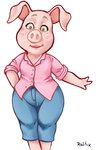 anthro bottomwear clothing female green_eyes lipstick makeup pants shirt simple_background solo topwear rubtox illumination_entertainment sing_(movie) rosita_(sing) domestic_pig mammal suid suine sus_(pig) 2017 signature