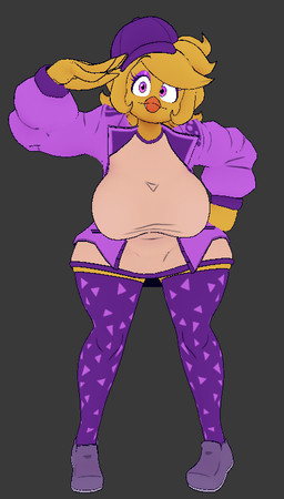 anthro beak bent_over big_breasts blonde_hair breasts clothed clothing eyeshadow female footwear grey_background hair hand_on_hip hat headgear headwear jacket legwear looking_aside makeup non-mammal_breasts open_clothing open_jacket open_topwear purple_clothing purple_eyes purple_eyeshadow purple_hat purple_headwear purple_jacket purple_legwear purple_thigh_highs purple_topwear shoes short_hair simple_background solo thigh_highs topwear wide_hipped_anthro wide_hipped_female wide_hips yellow_body cryptiacurves cryptiacurves_(modeler) fazclaire's_nightclub five_nights_at_freddy's scottgames chica_(fnaf) chiku_(cryptiacurves) avian bird chicken galliform phasianid 2024 3d_(artwork) digital_media_(artwork) full-length_portrait portrait