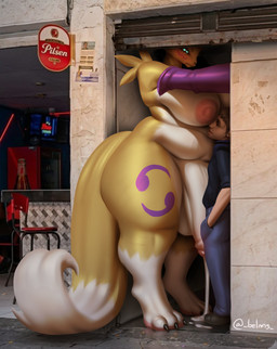 anthro balls big_balls big_breasts big_penis bodily_fluids breasts claws cum cum_drip cum_on_ground dripping duo fur genital_fluids genitals gynomorph gynomorph/male hair huge_breasts huge_penis humanoid_genitalia humanoid_penis intersex intersex/male larger_gynomorph larger_intersex male nipples nude overweight overweight_gynomorph overweight_intersex penis size_difference slightly_chubby smaller_male tail white_body white_fur yellow_body yellow_fur belms a_chance_encounter bandai_namco digimon digimon_(species) human mammal renamon 2026 absurd_res hi_res meme