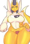 angry anthro big_breasts black_sclera blue_eyes breasts clothing clothing_pull dipstick_ears dipstick_tail ear_markings exclamation_point facial_markings female fur head_markings long_sleeves markings multicolored_ears pussy_tape solo tail tail_markings tape thick_thighs wide_hips yellow_body yellow_fur yin_yang gikoko gikowinko bandai_namco digimon canid digimon_(species) mammal taomon hi_res