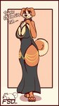 anthro canid canine canis ceega clothing curled_tail dialogue domestic_dog dress female fluffy fluffy_tail fsdog full-length_portrait fur hi_res hollow_hip_backless_chain_dress hollow_hip_dress looking_at_viewer mammal orange_body orange_fur portrait solo tail talking_to_viewer tan_body tan_fur text
