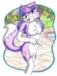 alternate_species anthro breasts casual_nudity cutie_mark exposed female fluffy fluffy_tail forest fur hair horn looking_at_viewer multicolored_hair nipples nude outside plant purple_eyes smile solo tail tree silversimba01 friendship_is_magic hasbro my_little_pony twilight_sparkle_(mlp) border_collie canid canine canis collie domestic_dog herding_dog hybrid mammal pastoral_dog sheepdog hi_res traditional_media_(artwork)