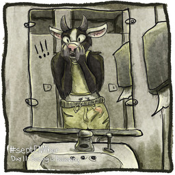 anthro balls bathroom black_body black_fur bottomwear clothing embarrassed exclamation_point facial_piercing fur genitals glans horn humanoid_genitalia humanoid_penis ineffective_clothing male mirror mirror_reflection nose_piercing penis piercing pink_glans pubes public public_restroom reflection septum_piercing shirt shocked shorts sink solo tank_top topwear translucent translucent_clothing wardrobe_malfunction kittee_mortis septenmber bovid bovine cattle mammal 1:1 digital_media_(artwork) hi_res