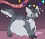 abdominal_bulge birthday bodily_fluids eyebrows feral fur green_eyes grey_body grey_fur licking_mouth male musical_note musical_symbol saliva solo symbol text vore izzyhime bow_(bowhuskers) canid canine canis mammal wolf 2024 artist_name english_text