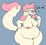 anthro belly big_belly big_breasts big_tail blush blush_lines breasts candy dessert dialogue female floppy_ears food hungry melting melting_flesh melty nipples obese overweight pointing_at_mouth raised_tail smile solo tail talking_to_viewer thick_thighs conditional_dnp verdantphysician maple_(shitpostingstag) canid canine canis domestic_dog food_creature living_candy mammal hi_res