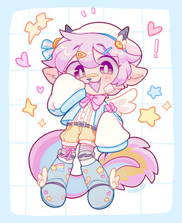2_horns accessory ambiguous_gender anthro bangs blush blush_lines bottomwear brown_body brown_fur chibi clothed clothing footwear fur grey_horn grey_nose hair hair_accessory hairclip happy horn jacket looking_at_viewer open_clothing open_jacket open_mouth open_topwear pink_eyes pink_hair pose shirt shoes short_hair shorts solo tail tail_tuft tan_body tan_fur topwear tuft white_clothing white_shirt white_topwear white_wings wings yellow_bottomwear yellow_clothing yellow_shorts louloous bovid caprine goat mammal 2026 colored digital_drawing_(artwork) digital_media_(artwork) hi_res pastel_theme