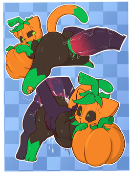 abdominal_bulge anthro anthro_on_anthro anthro_penetrated anthro_penetrating anthro_penetrating_anthro big_penis blue_background blush bodily_fluids body_blush checkered checkered_background clothing cum cum_from_vagina cum_in_vagina cum_inside digitigrade dipstick_tail duo female female_penetrated food for_a_head fruit genital_fluids genitals gloves_(marking) green_eyes green_tail_tip green_tongue huge_penis leaking_precum leg_markings legwear looking_pleasured male male/female male_penetrating male_penetrating_female markings nude nude_anthro nude_female orange_body orgasm_face pattern_background penetration penile penile_penetration penis penis_blush penis_in_vagina plant precum pumpkin purple_body rear_view sex simple_background socks_(marking) sweat sweatdrop tail tail_markings thick_thighs thigh_highs throbbing tongue tongue_out vaginal vaginal_penetration vein veiny_penis defunctumbra pumkat felid feline mammal object_head 2024 absurd_res hi_res