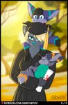 ambiguous_gender anthro big_ears black_border black_hair blonde_hair blue_body blue_eyes blue_fur blue_nose blurred_background border carrying_another clothed clothing cradling crossgender daww day degree eye_bags female fluffy fur fur_markings graduation graduation_cap graduation_gown graduation_robe green_body green_fur grey_body grey_fur group hair happy happy_ending holding_child leg_markings looking_at_viewer markings mtf_crossgender multicolored_body multicolored_fur on_head orange_body orange_fur outside page_number patreon_logo short_hair smile socks_(marking) solo_focus standing text trio tuft young young_anthro sidnithefox patreon l_(l2876) lia_(l2876) canid canine felid fennec_fox fox leopard mammal pantherine true_fox 2022 digital_media_(artwork) english_text flat_colors hi_res signature sketch url mother_(lore) mother_and_child_(lore) parent_(lore) parent_and_child_(lore)