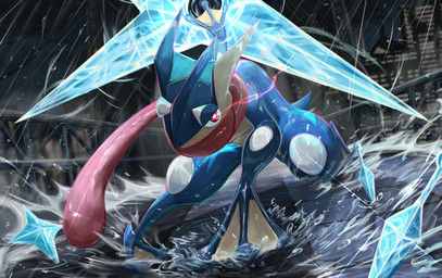 ambiguous_gender anthro blue_body building city detailed_background feet holding_object long_tongue membrane_(anatomy) night partially_submerged raining red_eyes solo toes tongue water weapon webbed_feet webbed_hands wet nibiiro_84 nintendo pokemon generation_6_pokemon greninja pokemon_(species) 2022