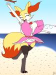 3:4 3_toes 5_fingers anthro beach big_breasts bouncing_breasts bow_(feature) bow_tie braixen breasts button_(fastener) button_pop camel_toe canid canine cleavage clothed clothing detailed_background eyebrows eyelashes eyes_closed feet female fibs fingers generation_6_pokemon hi_res huge_breasts mammal nintendo nipple_outline one_leg_up open_mouth outside panties pink_nose pokemon pokemon_(species) raised_leg sand seaside solo teeth toes tongue underwear wardrobe_malfunction water