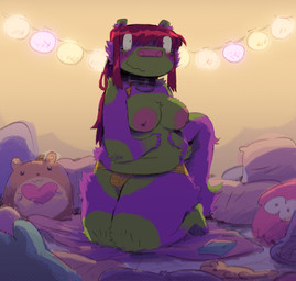 anthro areola belly biped chest_tuft clothing collar green_body gynomorph hair intersex kneeling multicolored_body navel nipples panties pink_nose plushie purple_body red_hair solo tuft two_tone_body underwear wavy_mouth shockpine mammal mephitid skunk hi_res