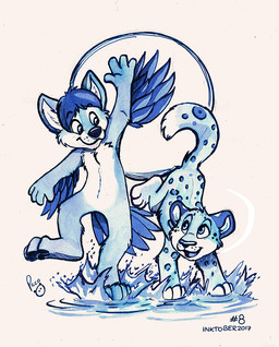 anthro closed_smile duo feathered_arms feathers featureless_crotch feral front_view glistening glistening_eyes hair logo male markings mouth_closed nude open_mouth open_smile short_hair smile spots spotted_back spotted_legs spotted_markings spotted_tail standing tail tail_feathers tail_markings young young_anthro young_feral young_male pandapaco canid canine felid mammal 2017 artist_logo dated signature