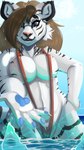 2021 9:16 anthro belly big_breasts bikini black_stripes blue_eyes blush bodily_fluids breasts brown_hair claws clothing cloud digital_media_(artwork) fangs felid female fur glistening glistening_eyes hair happy hi_res highlights_(coloring) holidays long_hair looking_at_viewer mammal meryiel navel one-piece_swimsuit outside pantherine pawpads pinup pose reaching_towards_viewer ripple_lighting scar sea sky sling_bikini smile solo standing stripes sweat swimwear teeth tiger tight_swimsuit water wet wet_body wet_fur whiskers white_body white_fur