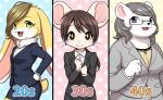 age_difference anthro bear black_hair blue_background breasts brown_hair business_suit clothed clothing eyewear female fully_clothed fur glasses green_eyes hair lagomorph leporid mammal maruyama_(artist) mouse murid murine nemi_(tenshoku_safari) official_art open_mouth pattern_background pink_background polar_bear rabbit rodent simple_background smile suit tenshoku_safari ursine usagine_(tenshoku_safari) white_body white_fur yellow_background yellow_body yellow_fur