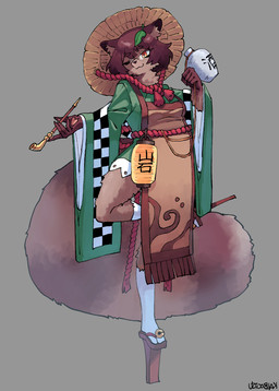 5_fingers anthro apron asian_clothing bell belly brown_apron brown_body brown_clothing brown_fur brown_hair brown_inner_ear_fluff brown_tail cat_smile checkered checkered_clothing checkered_topwear closed_smile clothing east_asian_clothing eyelashes eyewear female fingers fluffy fluffy_tail footwear fur geta glasses green_clothing green_topwear hair hat headgear headwear inner_ear_fluff japanese_clothing kiseru lamp lantern leaf leaf_on_head legwear long_sleeves mouth_closed on_one_leg one_eye_closed orange_eyes overweight overweight_anthro overweight_female pattern_clothing pattern_topwear redesign round_glasses small_glasses smile smoking_pipe solo standing stockings string tail tengu_geta text thick_tail thick_thighs topwear tuft wearing_glasses white_clothing white_legwear white_stockings kaibootsu asian_mythology east_asian_mythology japanese_mythology mythology touhou mamizou_futatsuiwa canid canine mammal raccoon_dog tanuki yokai 2025 hi_res japanese_text watermark