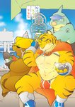 anthro armor barazoku brown_body brown_fur bulge clothing fur group hard_hat headgear helmet kemono male muscular outside sitting underwear wanaguma whinge build_tiger build_tiger_(character) eulipotyphlan felid fish mammal marine mole_(animal) pantherine shark tiger 2012