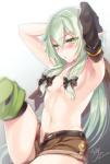 accessory blush bottomwear breasts clothed clothing convenient_censorship eyelashes female green_eyes green_hair hair hair_accessory hair_covering_breasts hair_ribbon humanoid_pointy_ears not_furry pointy_ears ribbons shorts small_breasts solo topless piyoizm goblin_slayer high_elf_archer_(goblin_slayer) elf humanoid 2018