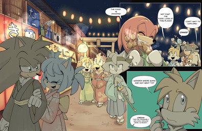 accessory alternate_costume anthro asian_clothing black_body black_fur black_nose blue_eyes brown_eyes clothed clothed_anthro clothed_female clothed_male clothing crowd dialogue east_asian_clothing female footwear fully_clothed fully_clothed_anthro fully_clothed_female fully_clothed_male fur gloves green_eyes group handwear headband japanese_clothing kimono lamp lantern male melee_weapon multicolored_body multicolored_fur orange_body orange_fur quills_(anatomy) red_body red_eyes red_fur red_stripes sandals shoes socks socks_with_sandals speech_bubble stripes sword tan_mouth text torii torii_gate weapon yellow_body yellow_fur arantarisu_yamu sega sonic_the_hedgehog_(series) cheese_the_chao cream_the_rabbit knuckles_the_echidna miles_prower shadow_the_hedgehog avian bird canid canine chao_(sonic) echidna eulipotyphlan fox hedgehog lagomorph leporid mammal monotreme rabbit comic english_text hi_res japanese_text