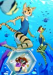 anthro bubble clothing diving duo fin male male/male one-piece_swimsuit school_swimsuit swimming swimwear underwater water chef_cheiro_(artist) aiden_(panzery25) chef_cheiro_(character) okane_akemi felid mammal pantherine tiger absurd_res hi_res