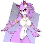 anthro black_sclera bracelet breasts ear_piercing ear_ring featureless_breasts featureless_crotch female fur fur_markings jewelry looking_at_viewer markings meow navel necklace orange_eyes piercing pupils purple_body purple_fur ring_piercing simple_background slit_pupils solo tail tail_tuft tuft white_body white_fur mashakseh trials_of_mana belladonna_(trials_of_mana) felid feline mammal hi_res