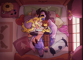 2_toes 3_toes anthro barefoot bear_trap_teeth bed blonde_hair brown_body brown_fur brown_hair claws clothing feet female finger_claws footwear freckled_face freckled_shoulders freckled_tail freckles fur furniture group hair hooves inside male pillow polyamory purple_body sharp_teeth shoes sleeping slippers tail teeth toe_claws toes trio yellow_body yellow_skin stephsartlab deltarune undertale_(series) kris_dreemurr noelle_holiday susie_(deltarune) deer human mammal new_world_deer reindeer 2025 hi_res