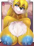 anthro areola big_breasts black_nose blue_areola blue_eyes blue_nipples bodily_fluids breast_rest breasts chest_tuft cum cum_on_breasts cum_on_face female fur genital_fluids huge_breasts multicolored_body multicolored_fur nipples solo tuft two_tone_body two_tone_fur whiskers white_body white_fur yellow_body yellow_fur mizky akatosh canid canine fox mammal hi_res