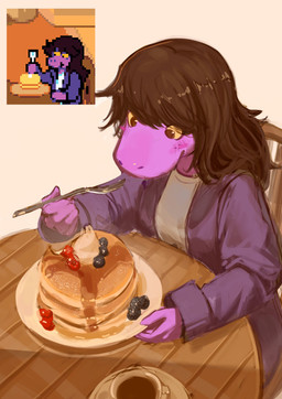 anthro beverage blueberry_(fruit) blush brown_hair clothed clothing coffee coffee_cup container cup cutlery eating eating_food female food fork freckles fruit hair holding_fork humanoid_hands jacket kitchen_utensils long_hair maple_syrup pancake plant plate purple_body purple_skin saucer shirt simple_background sitting snout solo tomboy tools topwear yellow_sclera shadches deltarune undertale_(series) susie_(deltarune) scalie 2025 absurd_res hi_res reference_image