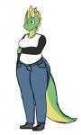 anthro biped blonde_hair bottomwear breasts brown_eyes clothed clothing curvy_figure denim denim_bottomwear denim_clothing female footwear fully_clothed green_body green_scales hair horn jeans long_tail mohawk non-mammal_breasts pants scales shirt shoes slightly_chubby solo tail thick_tail thick_thighs topwear voluptuous wide_hips digitalpelican mythology sasha_(digitalpelican) dragon mythological_creature mythological_scalie scalie 3:5 hi_res