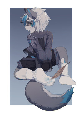 4_toes 5_fingers anthro bangs black_clothing black_gloves black_handwear black_nose blue_eyes blue_highlights blue_markings blue_pawpads blue_tail_tip border bottomwear bound brown_body brown_feathers circuit_markings claws clothed clothing cute_fangs dipstick_tail eyebrows fangs feathers feet finger_claws fingerless_gloves fingers foot_fetish foot_focus foot_play footwear fur fur_markings gloves grey_background grey_body grey_bottomwear grey_clothing grey_fur grey_jacket grey_shorts grey_tail grey_topwear hair hands_behind_back hands_tied hands_tied_behind_back handwear highlights_(coloring) jacket kneeling legwear looking_back male markings on_knee open_mouth pawpads shorts simple_background sock_fetish socks solo straps tail tail_down tail_markings teeth tickle_fetish tickle_torture tickling toes topwear translucent translucent_clothing translucent_footwear translucent_legwear translucent_socks white_body white_border white_clothing white_eyebrows white_footwear white_fur white_hair white_legwear white_socks white_tail young young_anthro young_male ningning canid canine canis mammal wolf hi_res