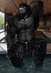 anthro biceps black_body blue_tongue blurred_background bottomwear clothing facial_piercing foreskin fur genitals inside licking licking_lips male muscular muscular_anthro muscular_male nipples nose_piercing nose_ring partially_submerged pecs penis piercing pool ring_piercing shorts solo tongue tongue_out killianroo dinosaur prehistoric_species reptile scalie digital_drawing_(artwork) digital_media_(artwork) hi_res