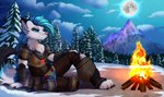 anthro blue_eyes bottomwear campfire clothing female field forest full_moon lidded_eyes moon opening pants plant sitting sky smile snow solo tree pridark mammal 2022 absurd_res hi_res