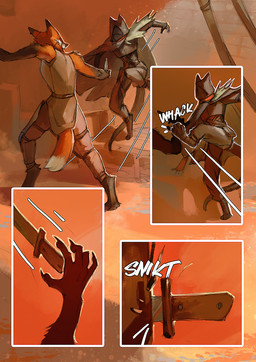 ambiguous_gender anthro biped brick brick_wall cloak clothed clothing dipstick_tail disarmament disarmed duo face_in_shadow fight hood hood_up kick knife knife_in_wall male markings mask motion_lines onomatopoeia pointy_ears prick_ears scarf sound_effects tail tail_markings text wall_(structure) juliathedragoncat canid canine fox mammal 2025 comic digital_media_(artwork) digital_painting_(artwork) hi_res painting_(artwork) warm_colors