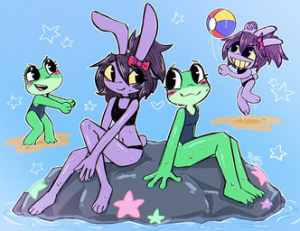 4_fingers accessory anthro ball beach_ball big_ears big_eyes bikini black_bikini black_bikini_bottom black_bikini_top black_choker black_clothing black_jewelry black_necklace black_swimwear blush bow_ribbon choker clothing duo female fingers fur green_body hair hair_accessory hair_bow hair_ribbon heart_symbol humanoid_hands inflatable jewelry jumping long_hair looking_at_another navel necklace on_rock one-piece_swimsuit pink_tongue purple_body purple_fur ribbons rock sand short_tail sitting sitting_on_rock smile smiling_at_another sport swimwear tail tied_hair tongue two-piece_swimsuit volleyball water wet wet_belly wet_body wet_legs alien_doge glitch_productions the_amazing_digital_circus gooseworx's_post-transition_jax_design jax_(tadc) ribbit_(tadc) amphibian frog lagomorph leporid mammal rabbit english_description hi_res trans_(lore) trans_woman_(lore)