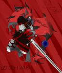 anthro armor eyewear glasses male melee_weapon role-playing_game semi-anthro solo sword text weapon el'roc nintendo pokemon fan_character sol_doliodos_(character) canid canine generation_5_pokemon mammal pokemon_(species) zoroark 2015 digital_media_(artwork) english_text hi_res